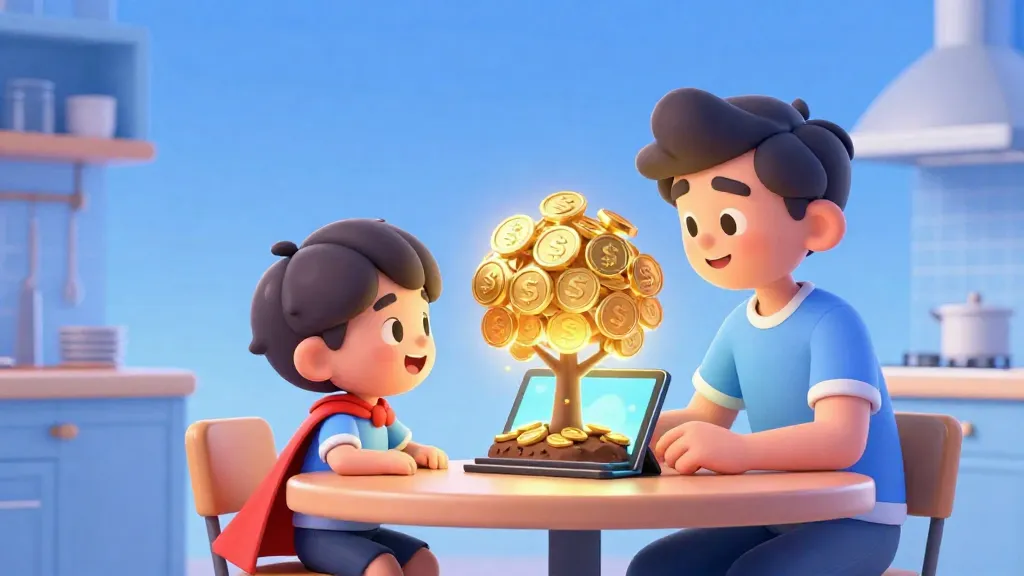 Un padre y su hijo mirando un árbol digital de crecimiento de inversiones en una tableta.