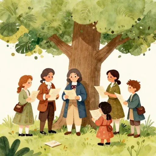 Gente intercambiando acciones bajo un árbol en el siglo XVIII.