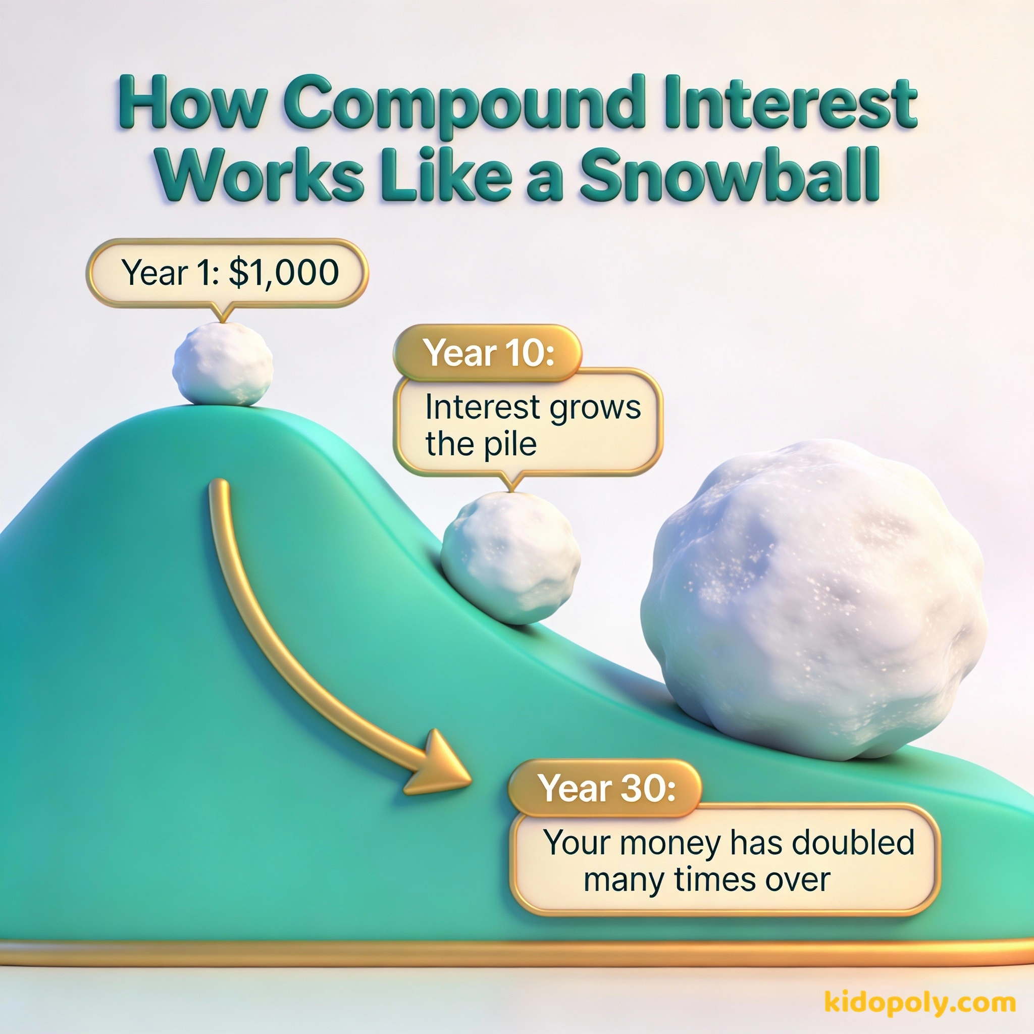 Un diagrama que muestra cómo una pequeña inversión crece hasta convertirse en una gran suma con el tiempo usando la metáfora de una bola de nieve.