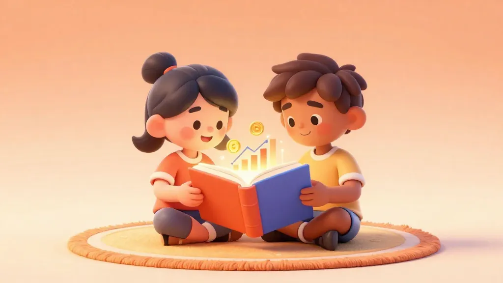 Dos adolescentes leyendo un libro interesante sobre inversiones con gráficos holográficos flotando sobre él.