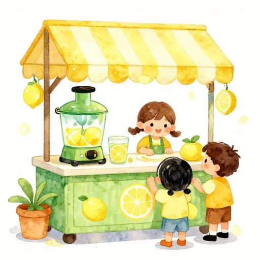 विकास और टीम वर्क दिखाने वाला एक कार्टून लेमोनेड स्टैंड।