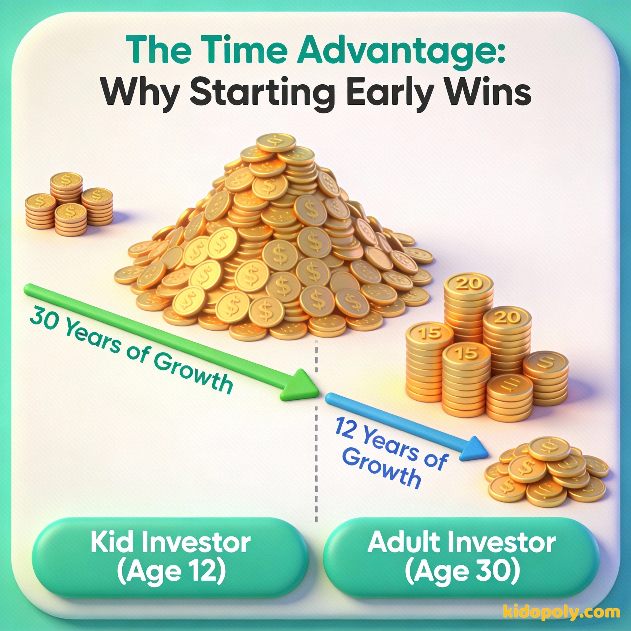 एक आरेख जो दिखाता है कि 12 साल की उम्र में शुरू करने से 30 साल की उम्र में शुरू करने की तुलना में समय के कारण बहुत अधिक पैसा मिलता है।