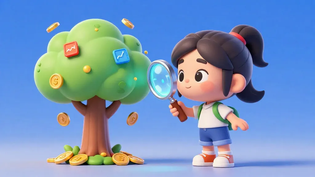 एक बच्चा पैसों के जादुई पेड़ को देख रहा है जो निवेश की बढ़ोतरी को दर्शाता है।
