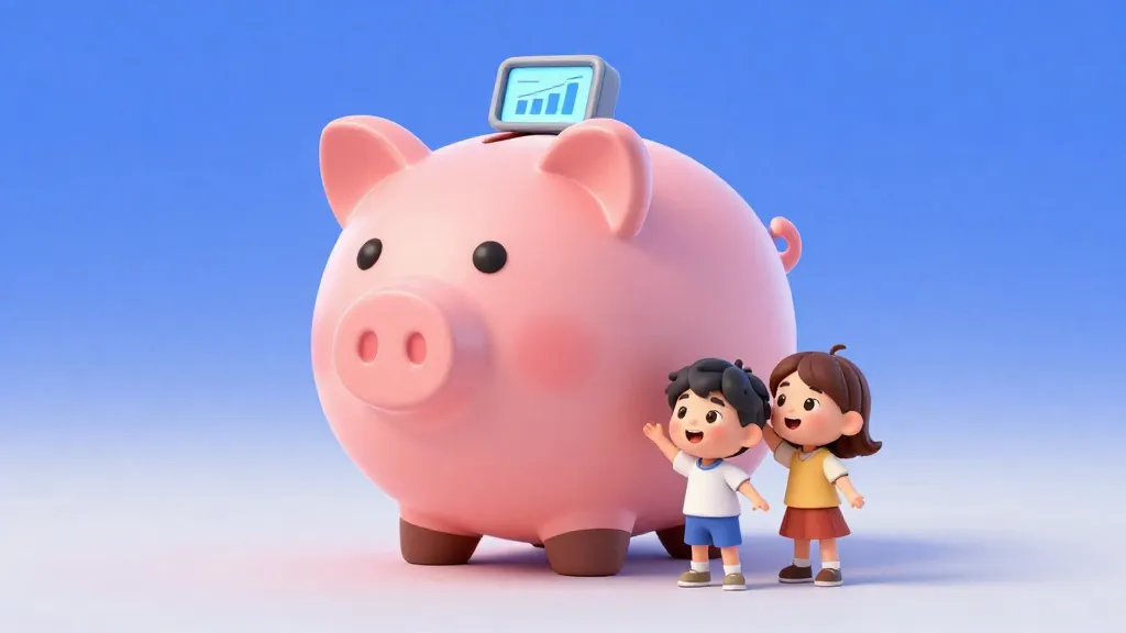 Niños mirando una hucha digital que representa su primera cuenta bancaria