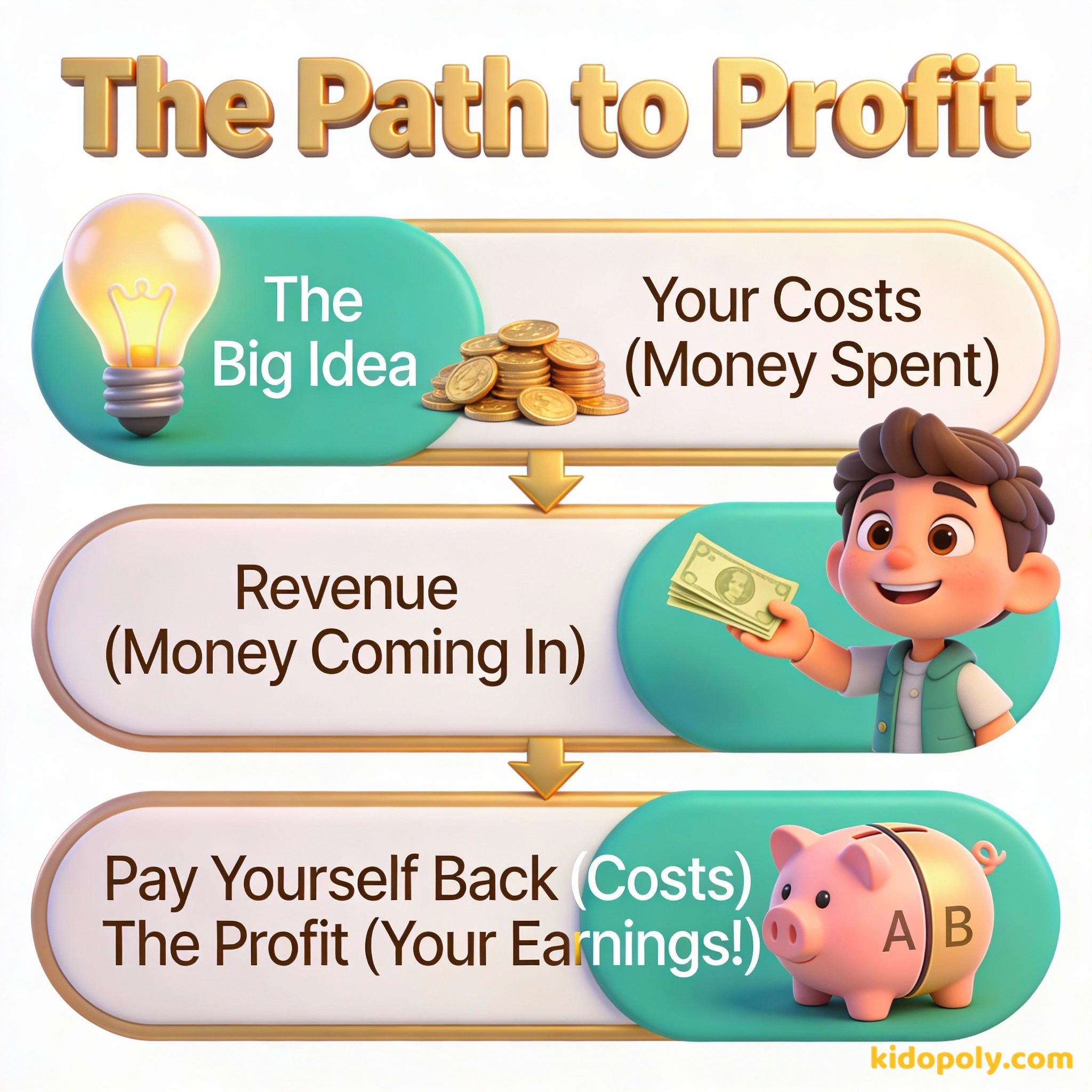 Diagrama que muestra cómo los dueños de negocios pasan de una idea a generar ganancias