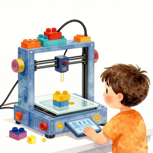 Un niño trabajando en un robot de alta tecnología hecho con ladrillos de juguete.