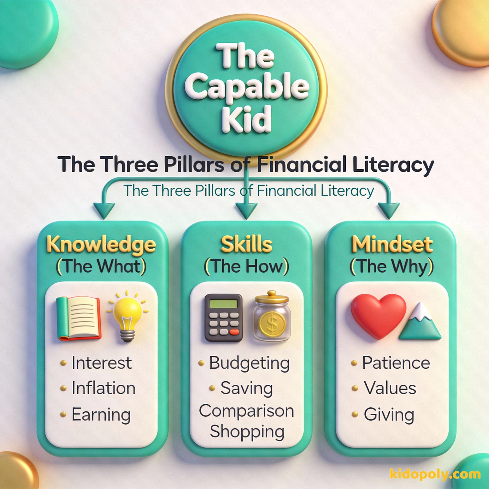 एक आरेख जो ज्ञान, कौशल और मानसिकता को वित्तीय साक्षरता की नींव के रूप में दिखा रहा है।