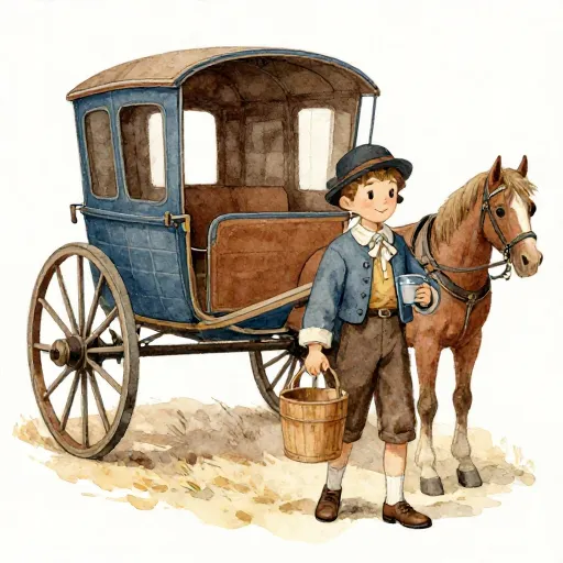 Una escena histórica de un niño vendiendo bebidas a los pasajeros de un carruaje.