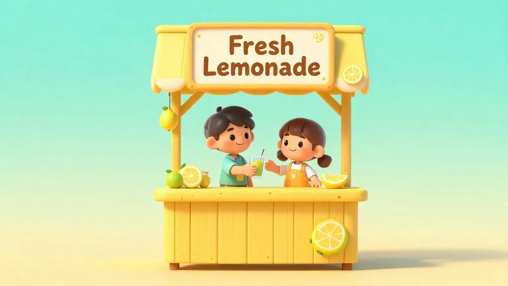 Dos niños sonrientes atendiendo un colorido puesto de limonada en un día soleado.