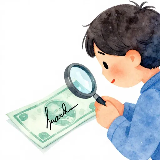 Un niño mirando de cerca un billete