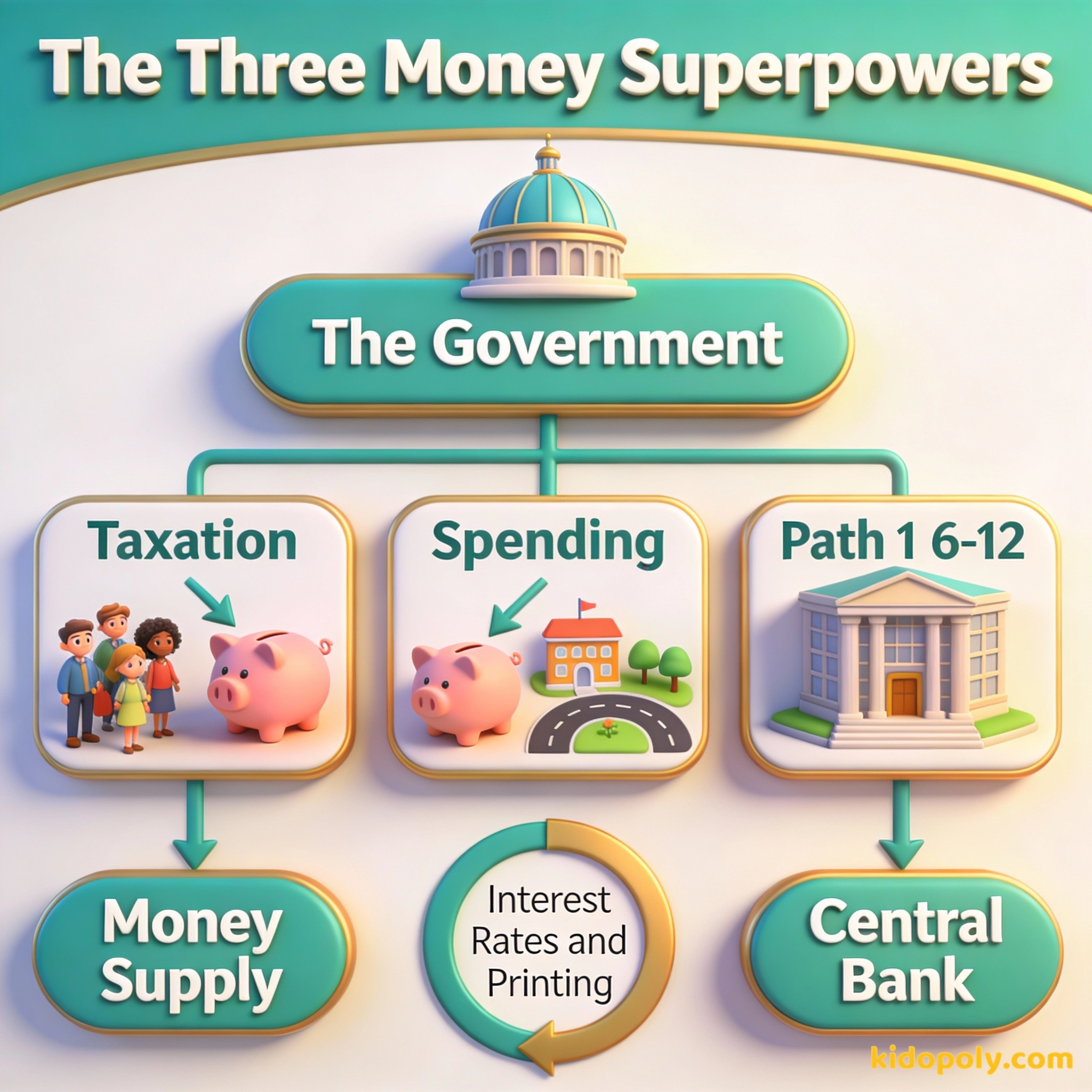 Un diagrama que muestra cómo los gobiernos recaudan impuestos, gastan y gestionan la oferta de dinero