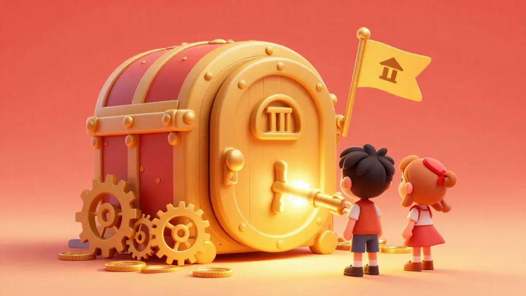 Dos niños mirando una llave dorada gigante que abre una tesorería del gobierno