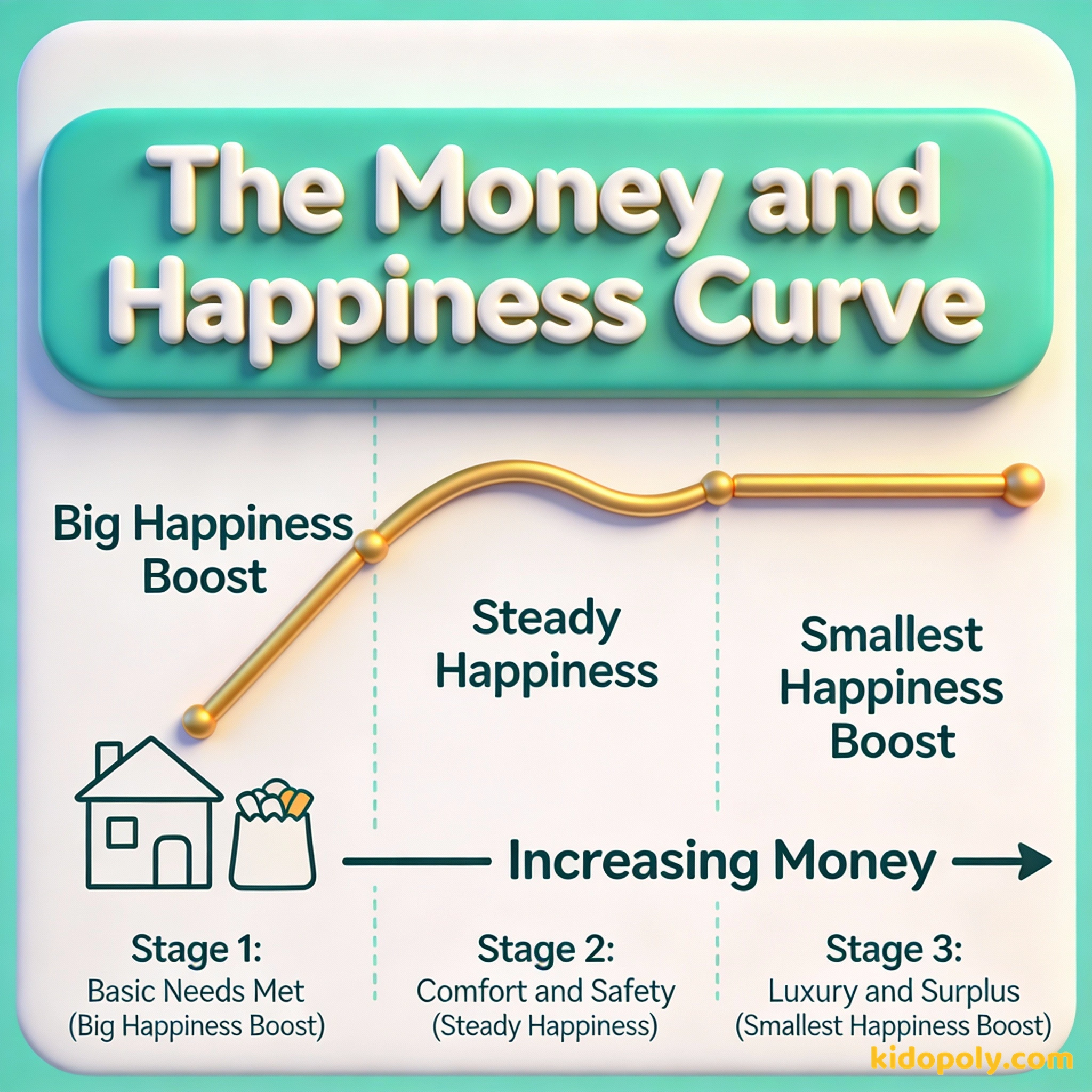 Un gráfico de líneas que muestra que la felicidad aumenta rápidamente cuando las personas cubren sus necesidades básicas, pero se ralentiza a medida que se vuelven más ricas.