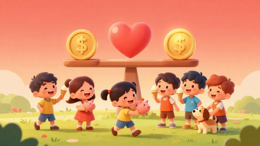 Niños jugando y compartiendo en un parque con una balanza equilibrada que muestra una moneda y un corazón de fondo.
