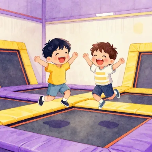Dois amigos se divertindo em um parque de trampolins.