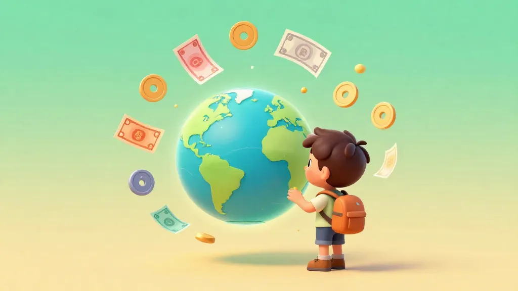 Un joven explorador mirando coloridas monedas del mundo flotando y un globo terráqueo.