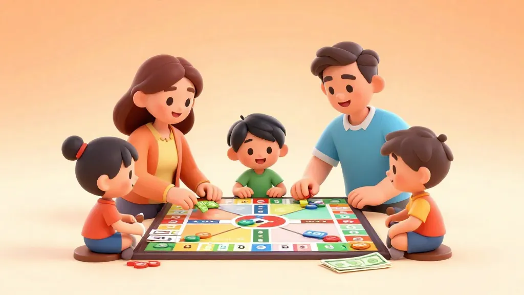 Una familia riendo y jugando juntos a un juego de mesa de temática financiera en una sala iluminada.