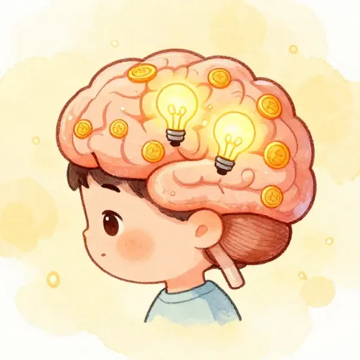 Ilustración de la mente de un niño conectando conceptos de dinero.