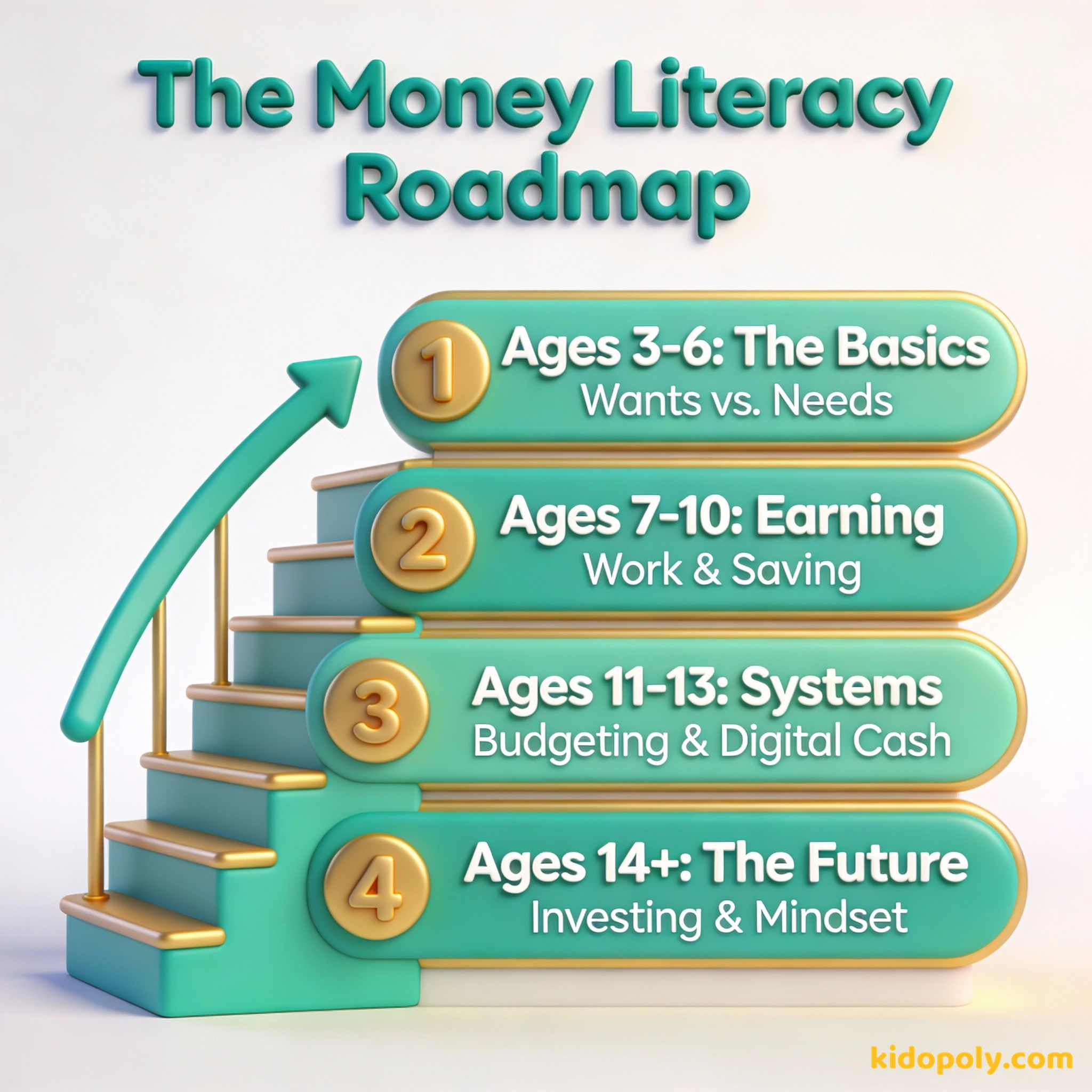 Un diagrama de escalera que muestra conceptos financieros enseñados a diferentes edades.