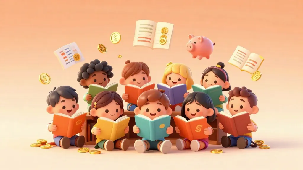 Niños en una biblioteca leyendo libros coloridos sobre el dinero y el ahorro.