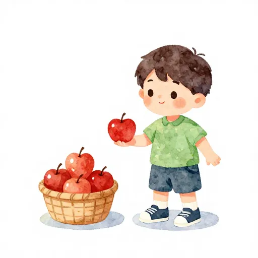 Un niño intercambiando manzanas por zapatos