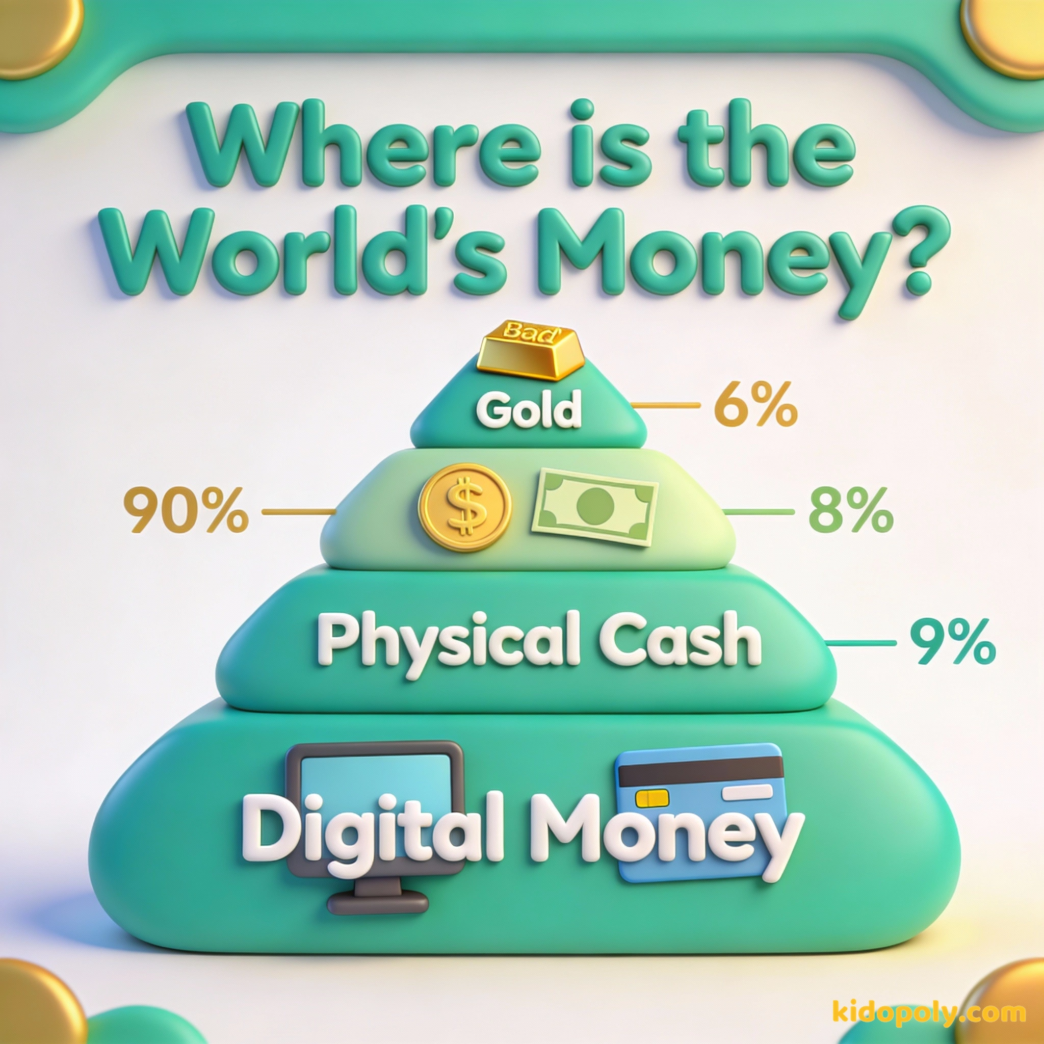 Un diagrama de pirámide que muestra que la mayor parte del dinero del mundo es digital en lugar de efectivo físico.