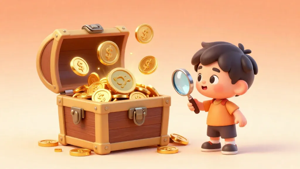 Un niño explorador mirando monedas de piedra gigantes y monedas de oro brillantes en un cofre del tesoro