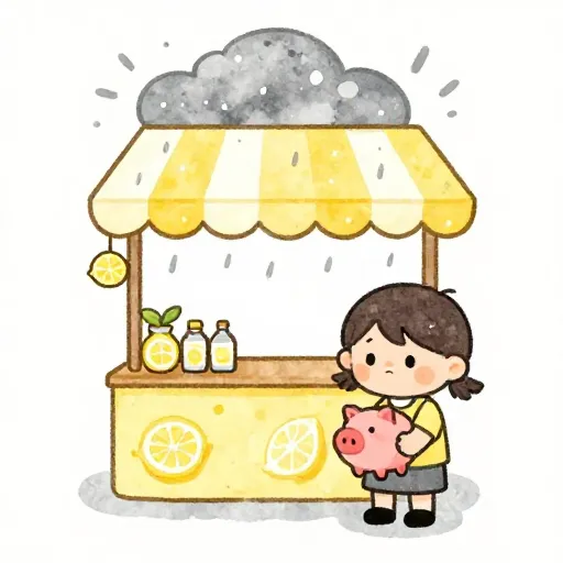 Ilustración de un puesto de limonada bajo la lluvia