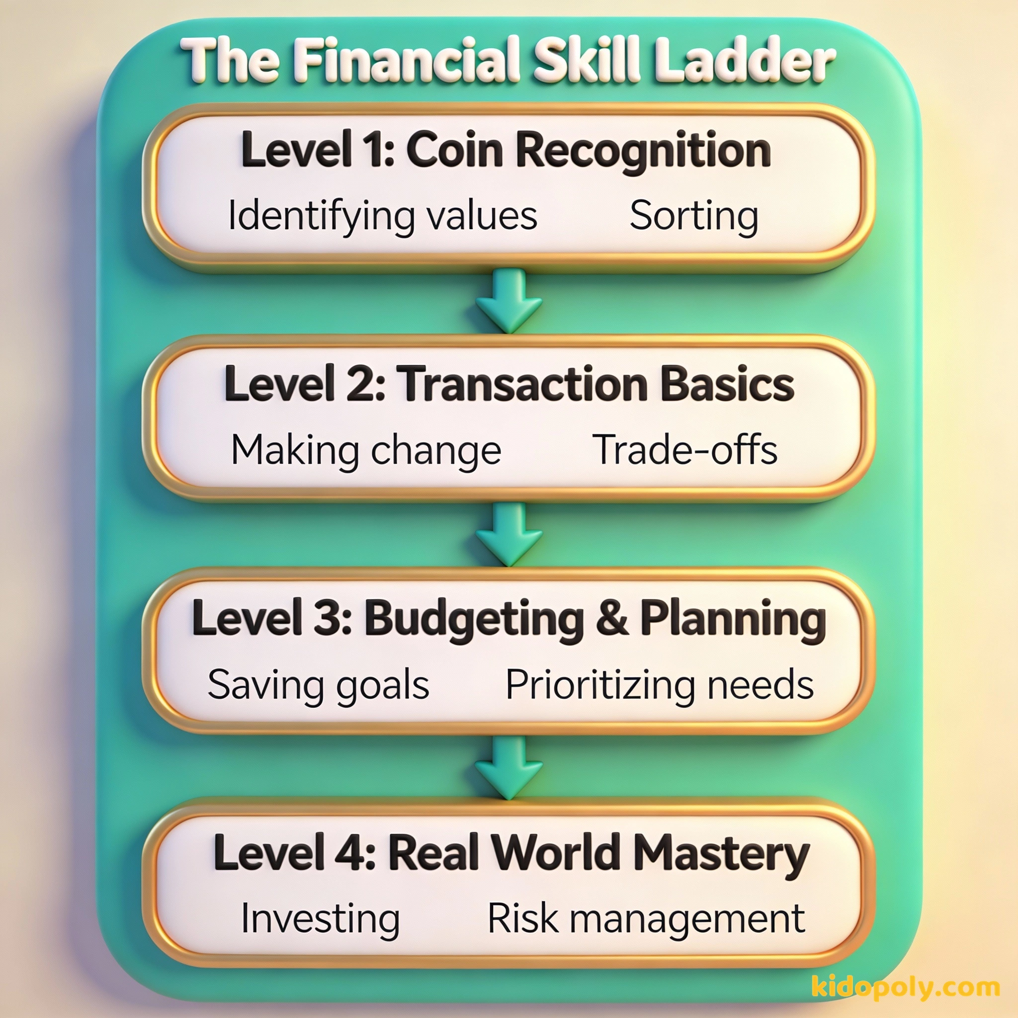 Diagrama que muestra cómo los juegos de dinero desarrollan habilidades progresivamente, desde el reconocimiento de monedas hasta el dominio del mundo real