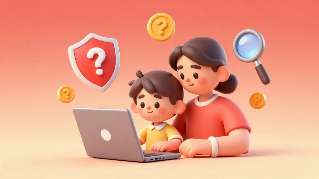 Un niño y su padre mirando juntos una pantalla de computadora con iconos de seguridad digital flotando a su alrededor.