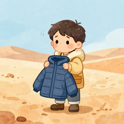 Un niño en el desierto sosteniendo un abrigo de invierno.