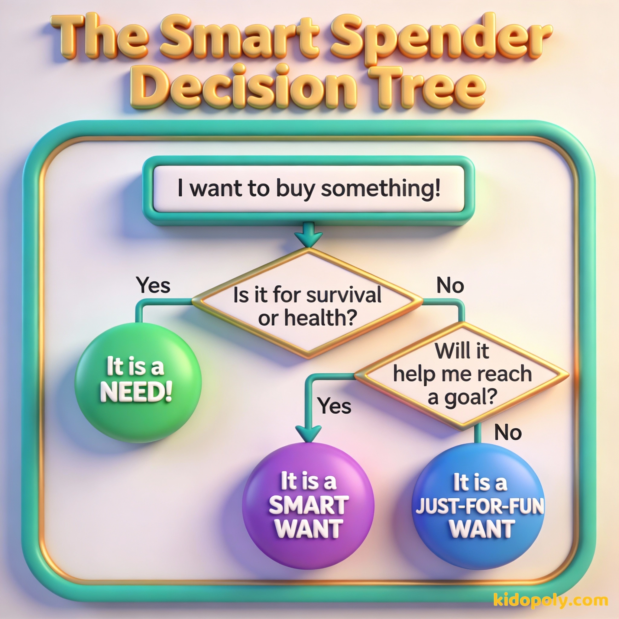 Un diagrama de flujo que ayuda a los niños a decidir si una compra es una necesidad, un deseo inteligente o un deseo solo por diversión.