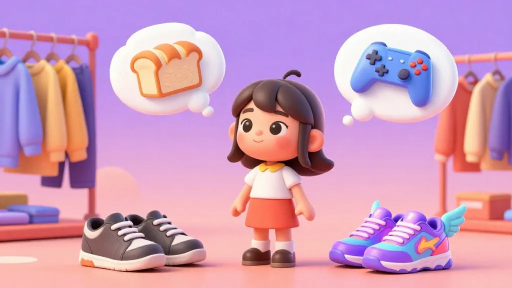 Un niño decidiendo entre unos zapatos escolares prácticos y unas zapatillas deportivas de marca en una tienda.