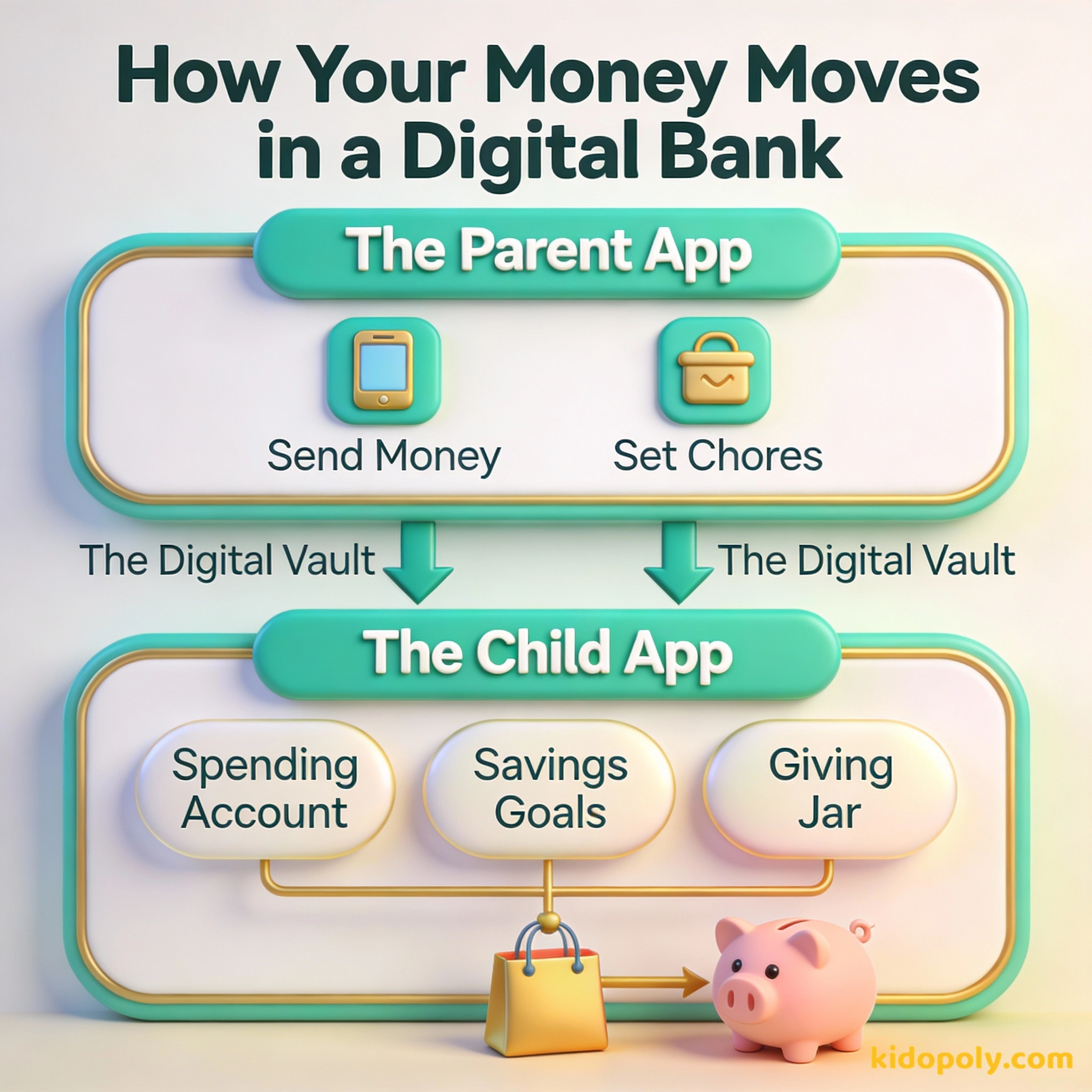 Infografía que muestra el flujo de dinero desde la app del padre hacia las funciones de la app del hijo, como metas de ahorro y gastos.