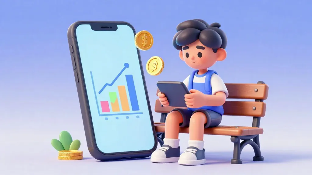 Un adolescente usando una app bancaria en su teléfono con iconos 3D de dinero y metas de ahorro.