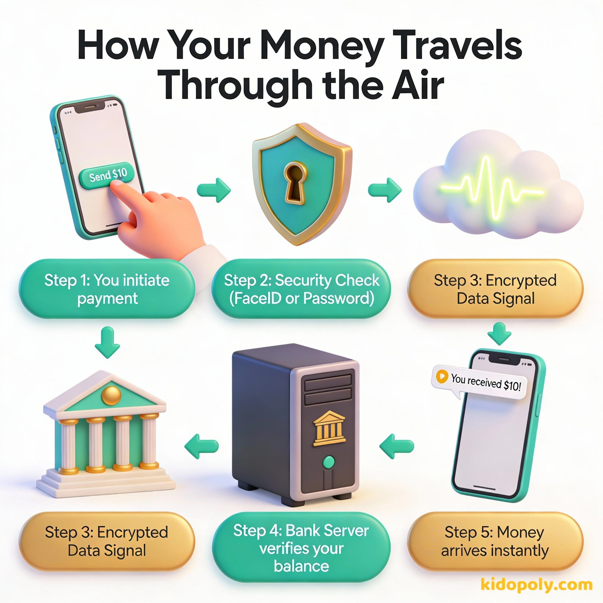 Un diagrama que muestra cómo se mueve un pago de un teléfono a otro a través de controles de seguridad y servidores bancarios.