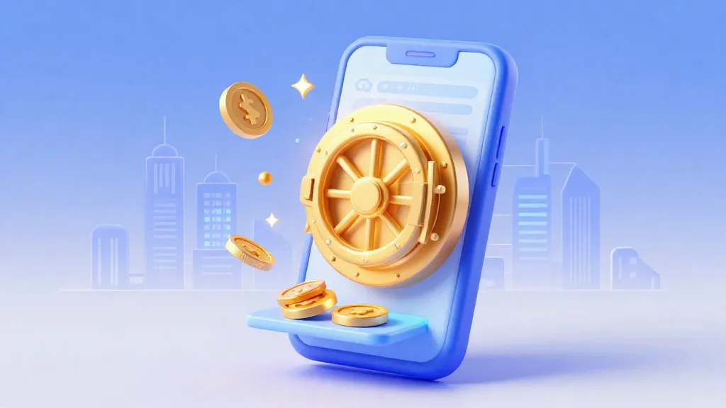 Un teléfono inteligente digital con una puerta de bóveda de banco en la pantalla, rodeado de datos brillantes y monedas.