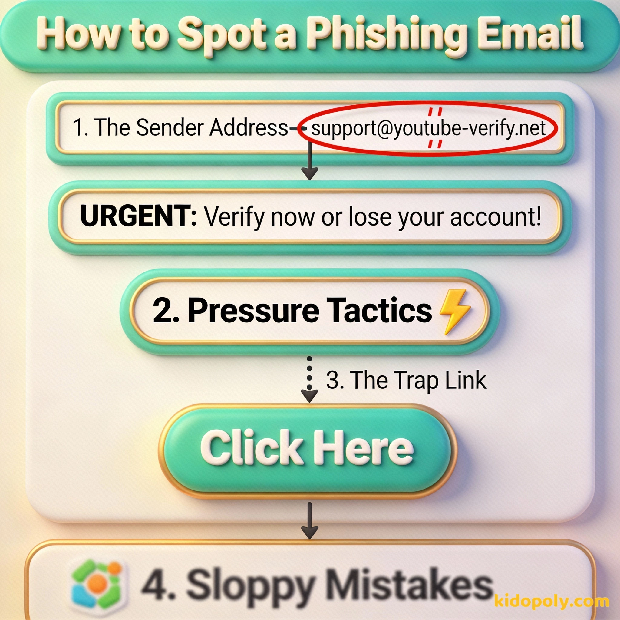 Infografía que muestra cómo identificar un correo falso revisando el remitente, la urgencia, los enlaces y la ortografía.