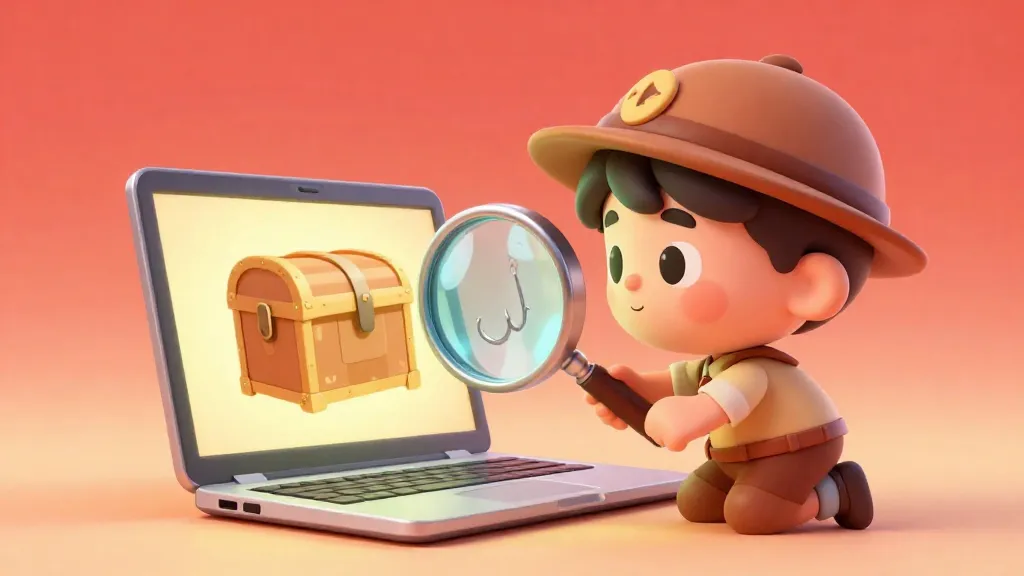 Un niño detective examinando un cofre del tesoro digital sospechoso en la pantalla de una computadora.