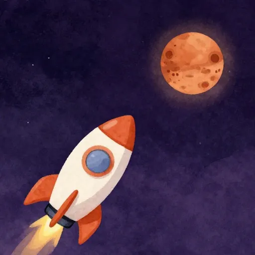 Un cohete dirigiéndose a Marte con Júpiter al fondo