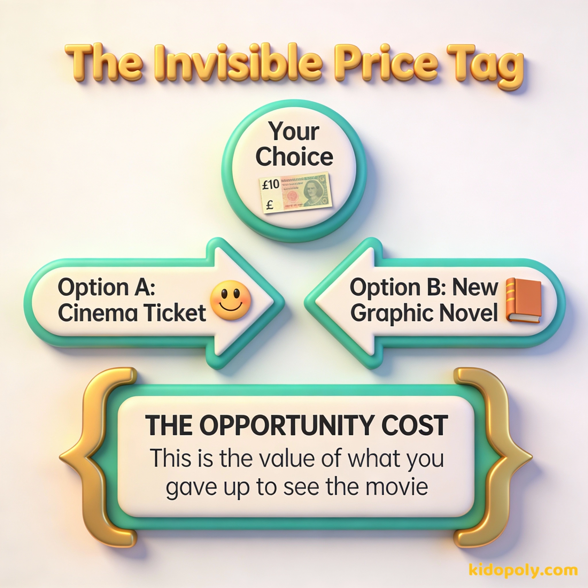Un diagrama que muestra cómo elegir una entrada de cine en lugar de un libro crea un costo de oportunidad