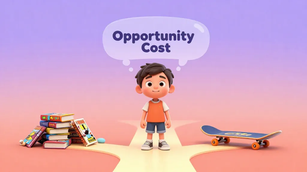 Un niño decidiendo entre cómics y un monopatín en un cruce de caminos