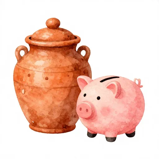 Una comparación entre un frasco de arcilla antiguo y una alcancía moderna.