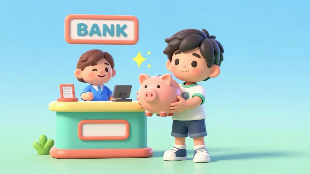 Un niño llevando su alcancía a un cajero amable en un banco moderno y luminoso.