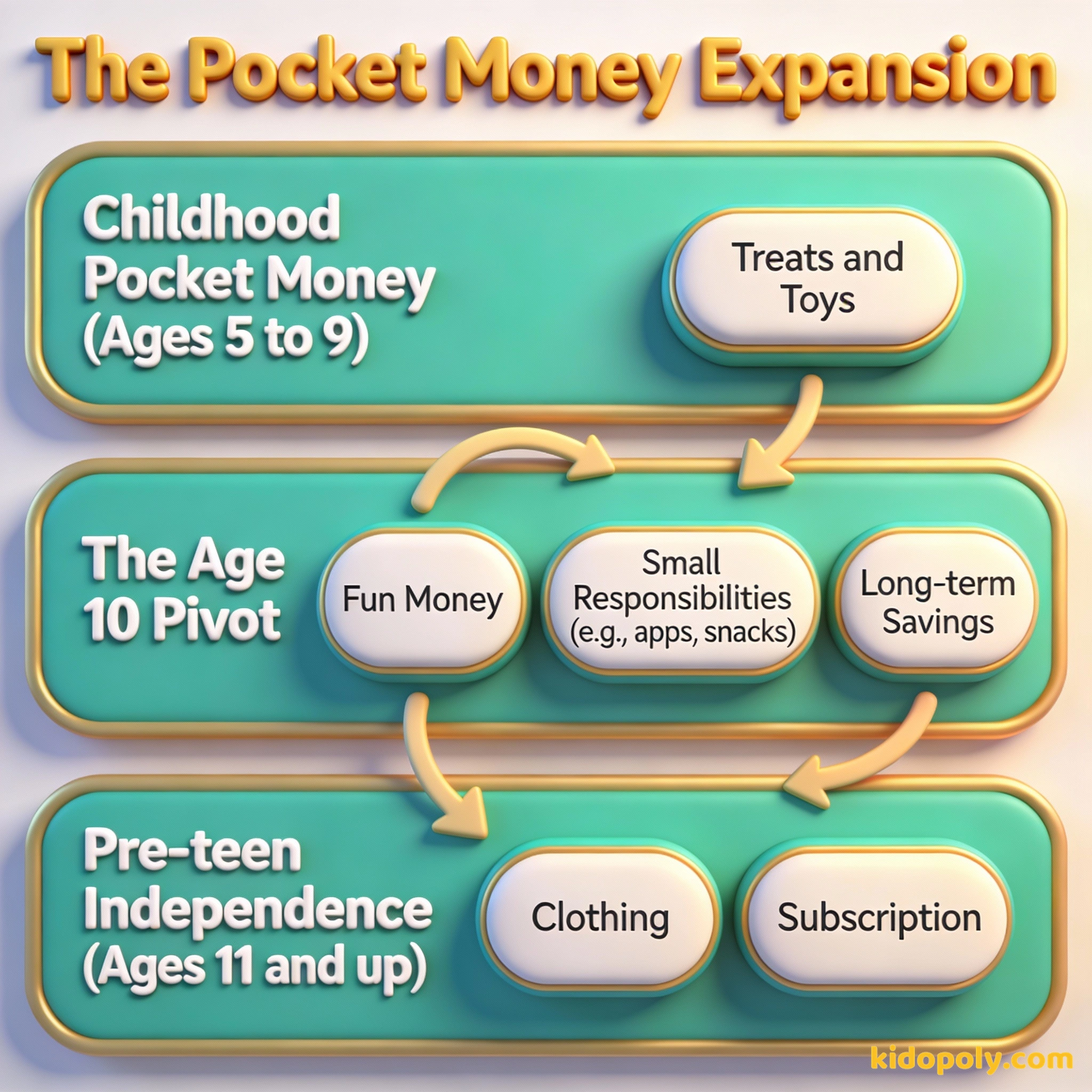 Diagrama que muestra cómo aumentan las responsabilidades de la paga cuando un niño cumple 10 años