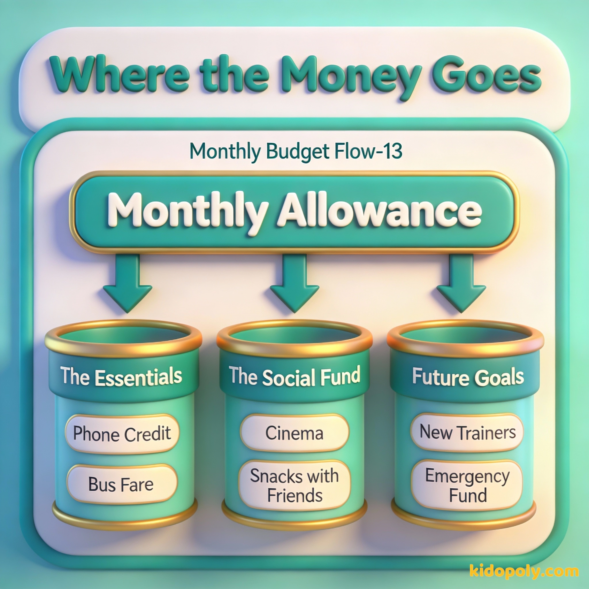 Un diagrama que muestra cómo se divide la paga mensual de un joven de 13 años en necesidades, gastos sociales y metas futuras.