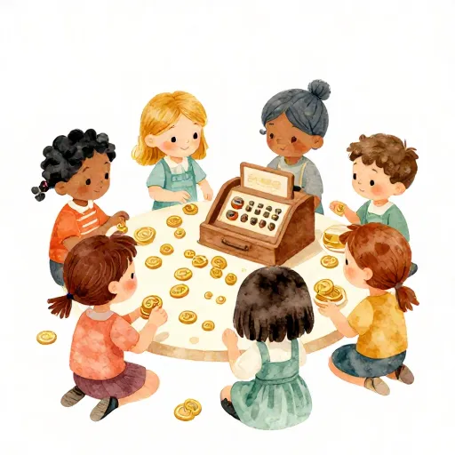 Niños jugando con una caja registradora de juguete.