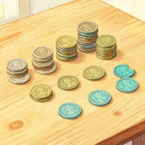 Montones de monedas del Reino Unido clasificadas.