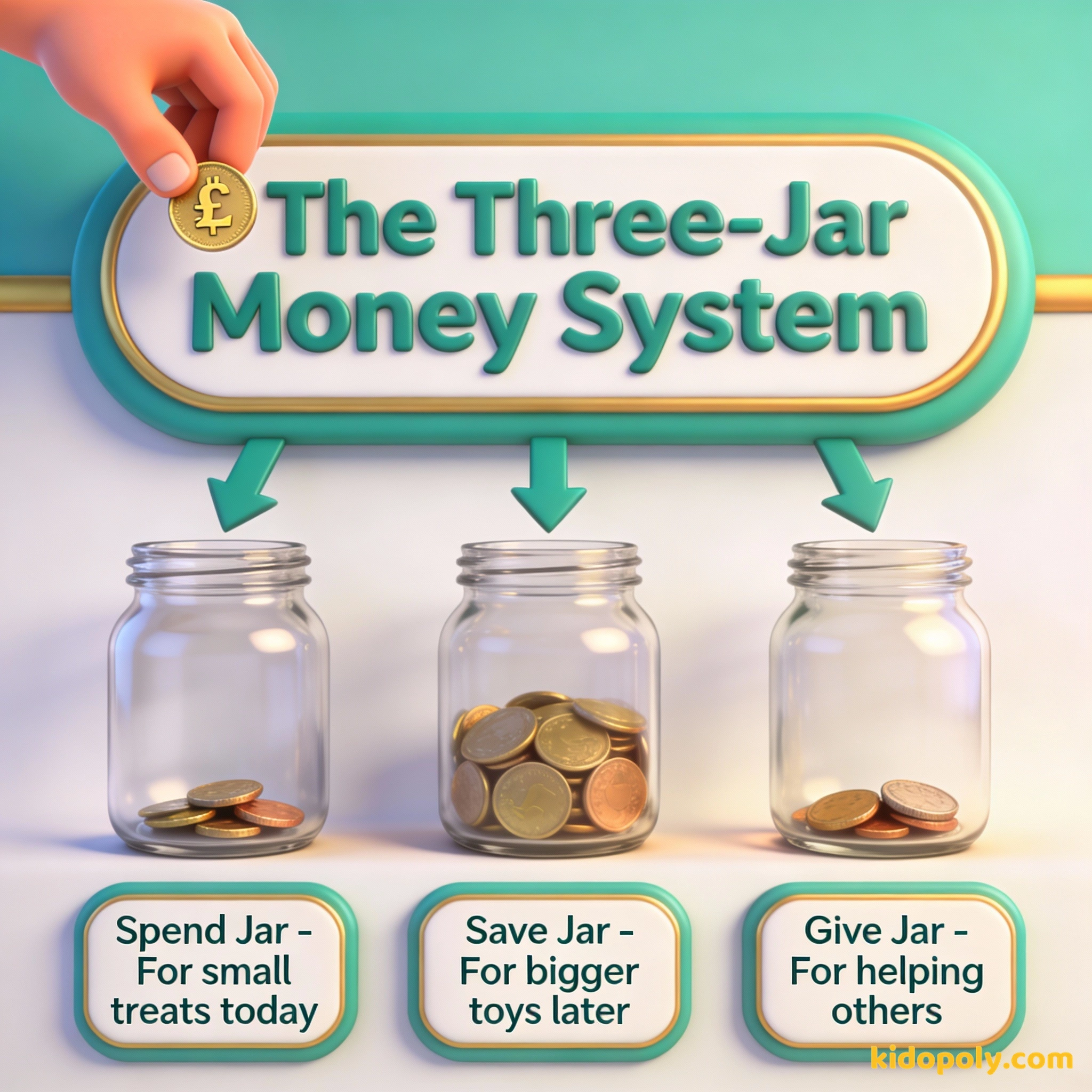 Infografía que muestra cómo dividir la paga en frascos para gastar, ahorrar y dar.
