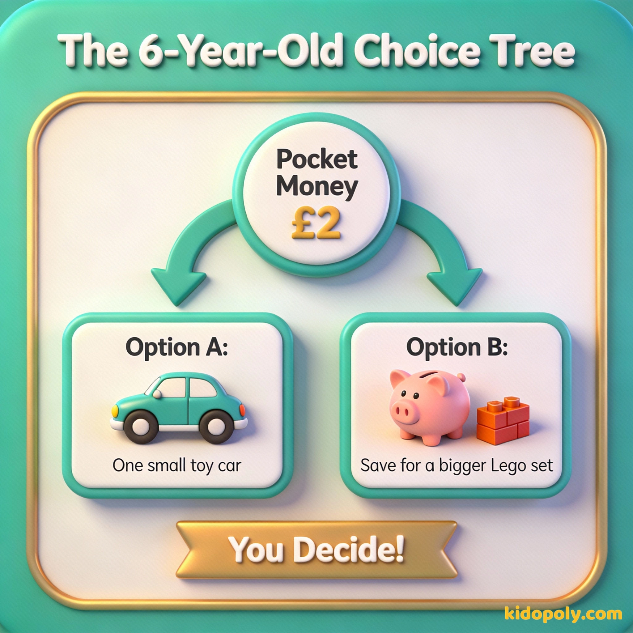 Un diagrama que muestra cómo dar a un niño de 6 años la opción de elegir entre gastar o ahorrar su paga.